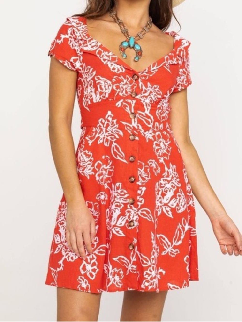 Free People Red Floral Linen Blend Button Front Mini Dress Size 4 Pockets Tie‎